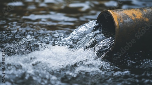 Industrial chemical runoff pours from a drainage pipe into a dark waterway
