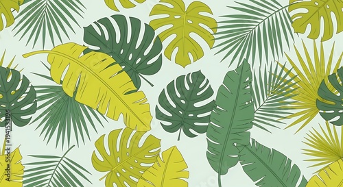 Vibrant Tropical Foliage Pattern with Monstera and Palm Leaves in Yellow and Green Tones
