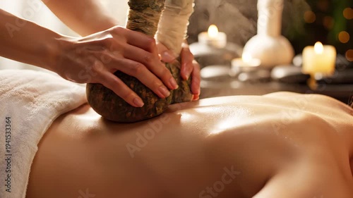 Back massage using warm herbal compress balls. Spa wellness treatment for relaxation. Therapeutic steam therapy