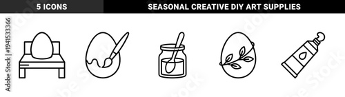 Easter egg decoration and spring crafting elements featuring painting tools, dye jars, and botanical ornaments. Minimalist monoline aesthetic for seasonal DIY guides and holiday stationery.