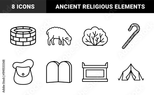 Ancient biblical artifacts and nomadic lifestyle symbols featuring stone tablets, shepherd staff, and wilderness elements in bold monoline aesthetic.