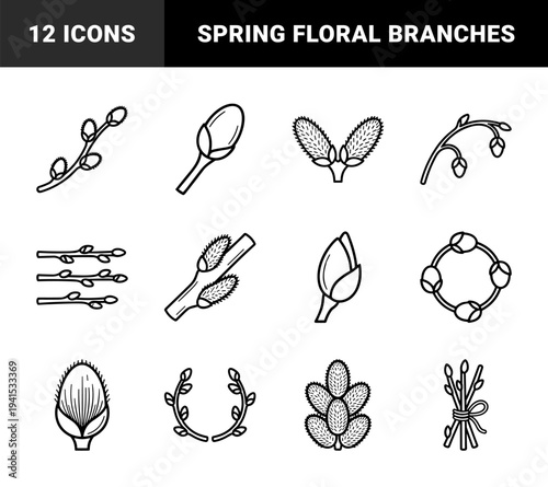 Spring willow buds and pussy willow branches for seasonal floral branding. Minimalist monoline botanical elements featuring nature growth and Easter celebration symbols.