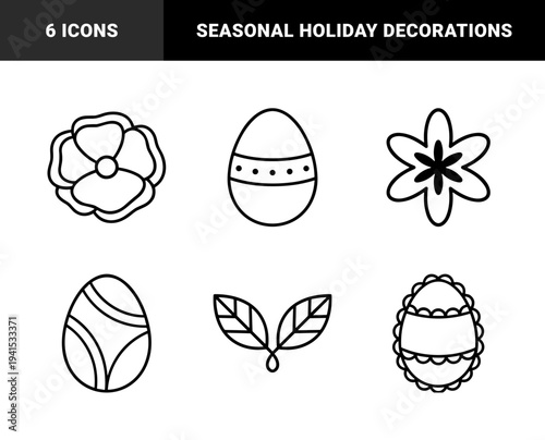 Easter spring celebration elements featuring decorative eggs and botanical flora. Minimalist black monolinear line art for seasonal holiday branding and greeting card design.