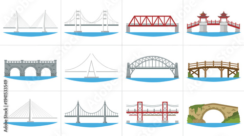 Set of bridge icons featuring suspension, cable-stayed, arch, truss and traditional designs, flat vector infrastructure collection isolated on light background engineering