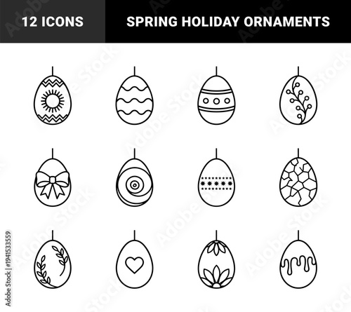 Easter egg line art ornaments for festive spring branding and holiday greeting cards. Minimalist monoline symbols featuring floral, geometric, and celestial patterns.