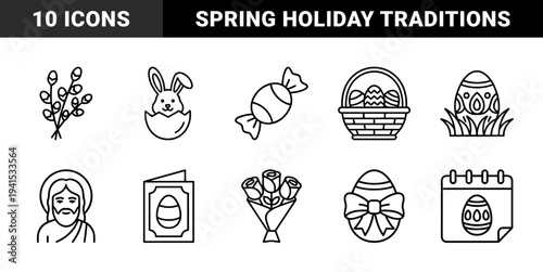 Easter holiday celebration and religious traditions featuring spring seasonal elements. Monolinear black stroke pictograms with uniform line weight and rounded terminals.