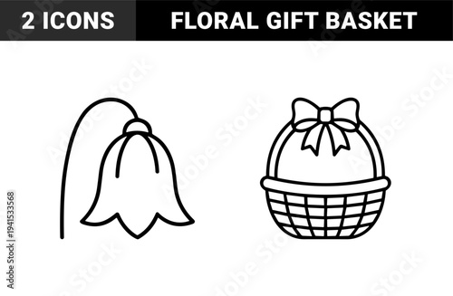 Spring seasonal symbols and gardening celebration elements. Minimalist monoline black and white basket with bow and drooping bellflower blossom.