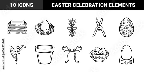 Spring gardening and Easter celebration line art elements. Minimalist monoline illustrations featuring garden tools, floral accents, nests, and decorated eggs for seasonal branding.