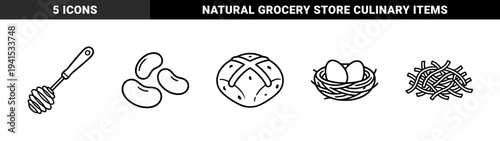 Bakery and breakfast ingredients in bold monoline style. Minimalist hand-drawn illustrations featuring organic beans, honey dipper, artisan bread, shredded coconut, and bird nest with eggs.