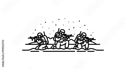 Military Soldiers Advancing in Formation with Rifles, Combat Scene