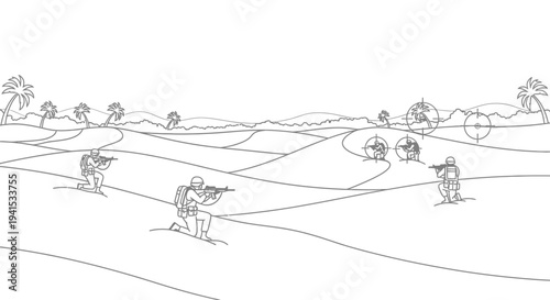 Military soldiers in desert landscape, aiming rifles, tactical operation, war simulation, desert warfare