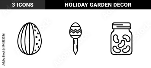 Easter holiday and seasonal confectionery items in technical monoline style. Minimalist geometric pictograms featuring decorative egg garden stake, patterned egg, and jelly bean jar.