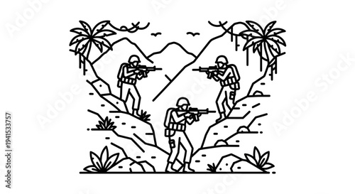 Military Soldiers in Jungle Terrain with Rifles, Combat Scene, Outline Art