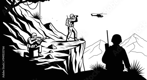 Military soldiers on cliff edge with helicopter flying overhead, tactical operations, surveillance