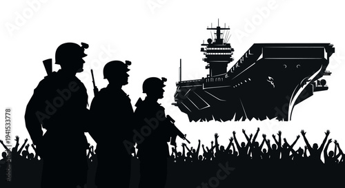 Military Soldiers Standing Guard Near Aircraft Carrier with Cheering Crowd