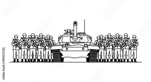 Military Tank and Soldiers Formation Line Art Illustration