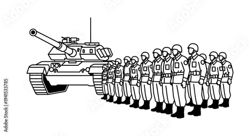 Military Tank and Soldiers Lined Up in Formation - Combat Ready