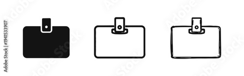 Name tag and identification badge icons set. Event pass, employee ID, and visitor access symbols in flat, outline, and hand-drawn styles.