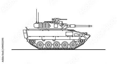 Modern Armored Fighting Vehicle with Cannon and Turret - Side View Line Drawing