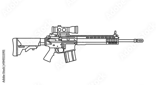 Modern Assault Rifle with Scope - Line Art Illustration