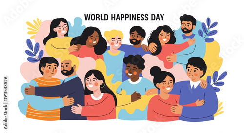 People embracing illustration world happiness day diverse group happy faces together graphic design