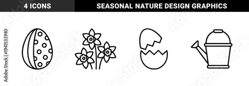 Spring seasonal gardening and Easter celebration outline elements. Minimalist monoline graphic assets featuring patterned eggs, blooming daffodils, and watering can.