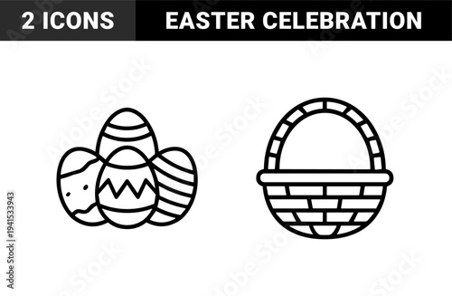 Easter holiday celebration elements for seasonal branding and greeting cards. Chunky monoline pictograms featuring a wicker basket and decorated eggs.