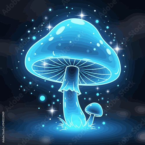 Enchanting luminescent fantasy mushrooms glowing brilliantly in a magical dark forest setting, a mystical flora illustration with sparkling light effects