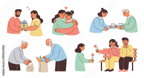 People sharing gifts affection and acts of service illustration