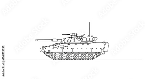 Modern Tank Blueprint Line Art Illustration