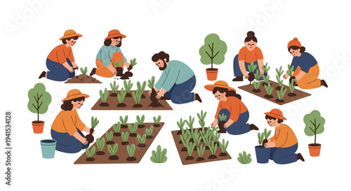 People cultivating garden illustration planting vegetables in the soil