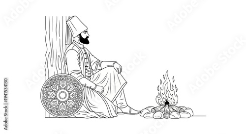 Ottoman Warrior Resting by Campfire with Shield