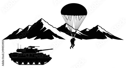Paratrooper Descends Near Tank and Snowy Mountains Silhouette