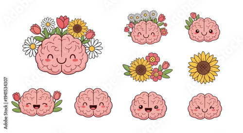 Adorable Cartoon Brains Decorated with Colorful Flowers and Smiling Faces.