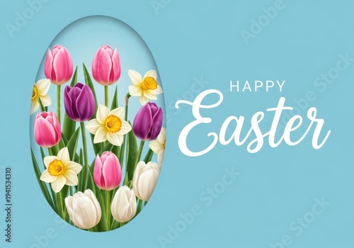 A colorful easter egg with flowers and the words happy easter