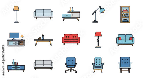 Collection of Furniture Icons: Sofas Chairs Lamps Tables and Cabinets.