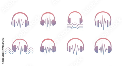 Collection of Eight Stylized Headphones with Soundwave Visualizations.