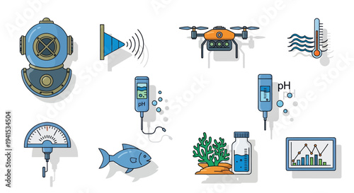 Aquaculture Equipment and Monitoring Tools: Diving Helmet Drone Fish and Sensors.