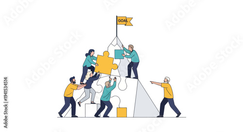 Teamwork Concept: Diverse Group Building Puzzle Pyramid Towards a Goal Flag.