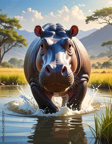 Hippo wading in water, full frame, looking directly ahead. Landscape background