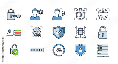 Security and Authentication Icons: Padlock Fingerprint Shield and User Profiles.