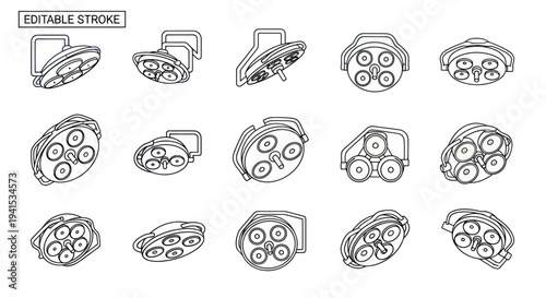 Collection of Surgical Operating Room Lights Outlined Illustrations.