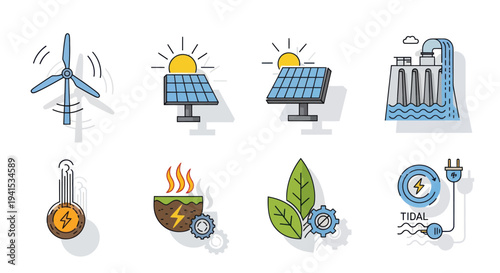Colorful hand-drawn renewable energy icons set: solar wind hydro geothermal biomass and tidal power sources.
