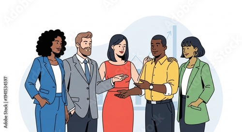 Diverse business team collaborating and discussing ideas in modern office setting