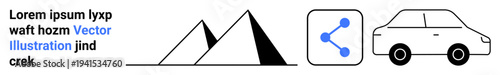 Technology, travel, sharing apps, transportation, minimalism, geometric design. Mountains, share icon and car. Technology and travel concepts by sharing icons and vehicles
