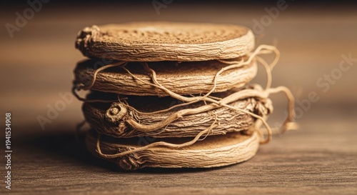 Stack of dried, sliced root with wiry strands