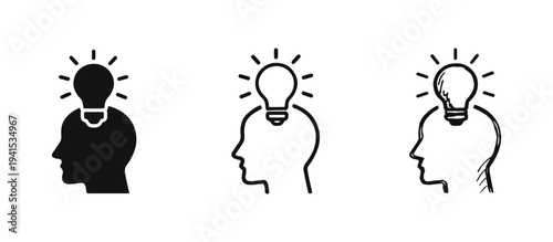 Idea Generation and Inspiration Icon Set: Human Head with Lightbulb Concept in Different Styles