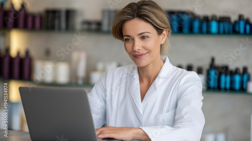 Female doctor cosmetologist using laptop beauty salon, digital beauty management, technology skincare business, professional administrative moment, with copy space