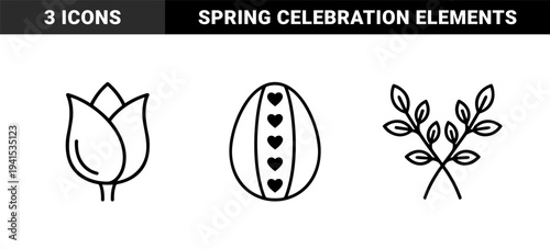 Easter spring celebration and nature growth elements for holiday branding. Minimalist monoline pictograms featuring tulip flower, decorated egg, and laurel branches.