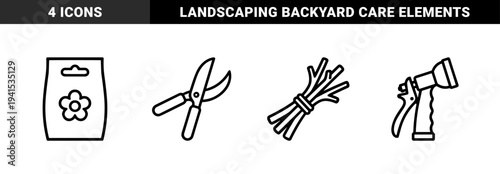 Gardening tools and plant maintenance equipment for backyard landscaping. Monolinear black stroke pictograms featuring pruning shears and irrigation sprayers.